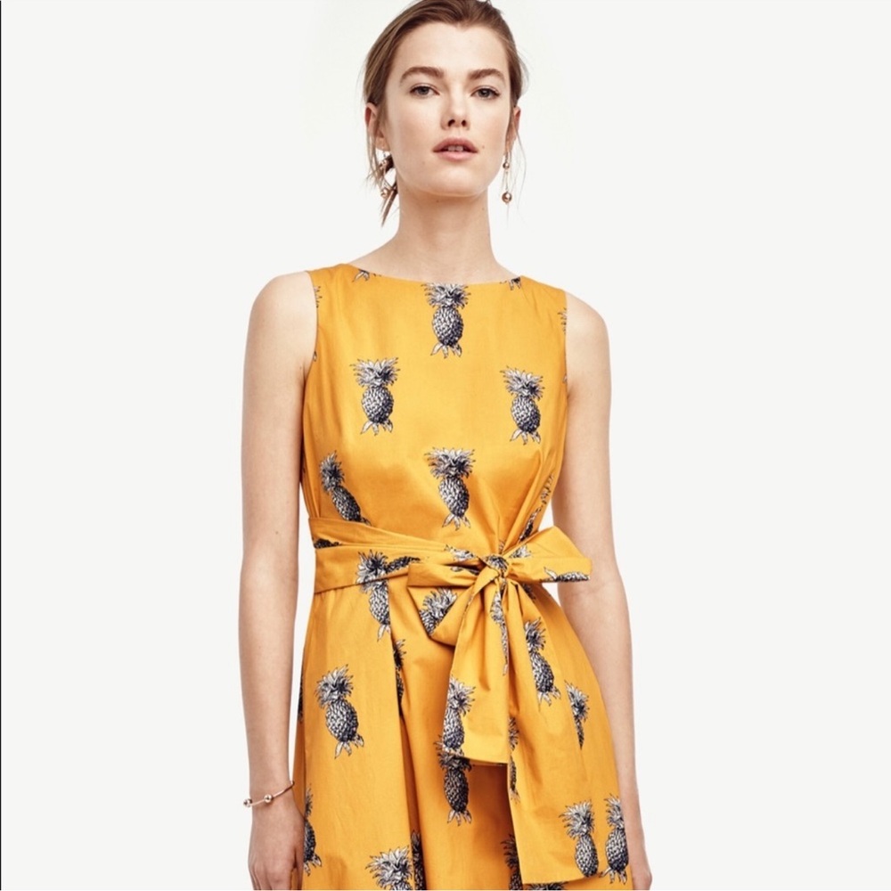 Ann Taylor Yellow Midi Dress with Pineapple Print and belt